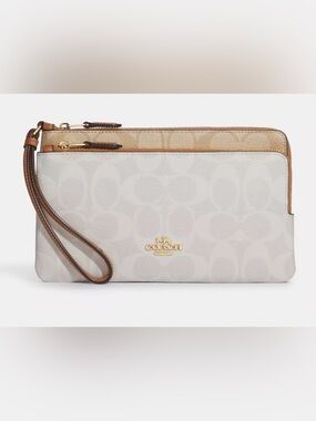 Coach Two-Tone Signature Double Zip Wristlet in Neutral and Tan